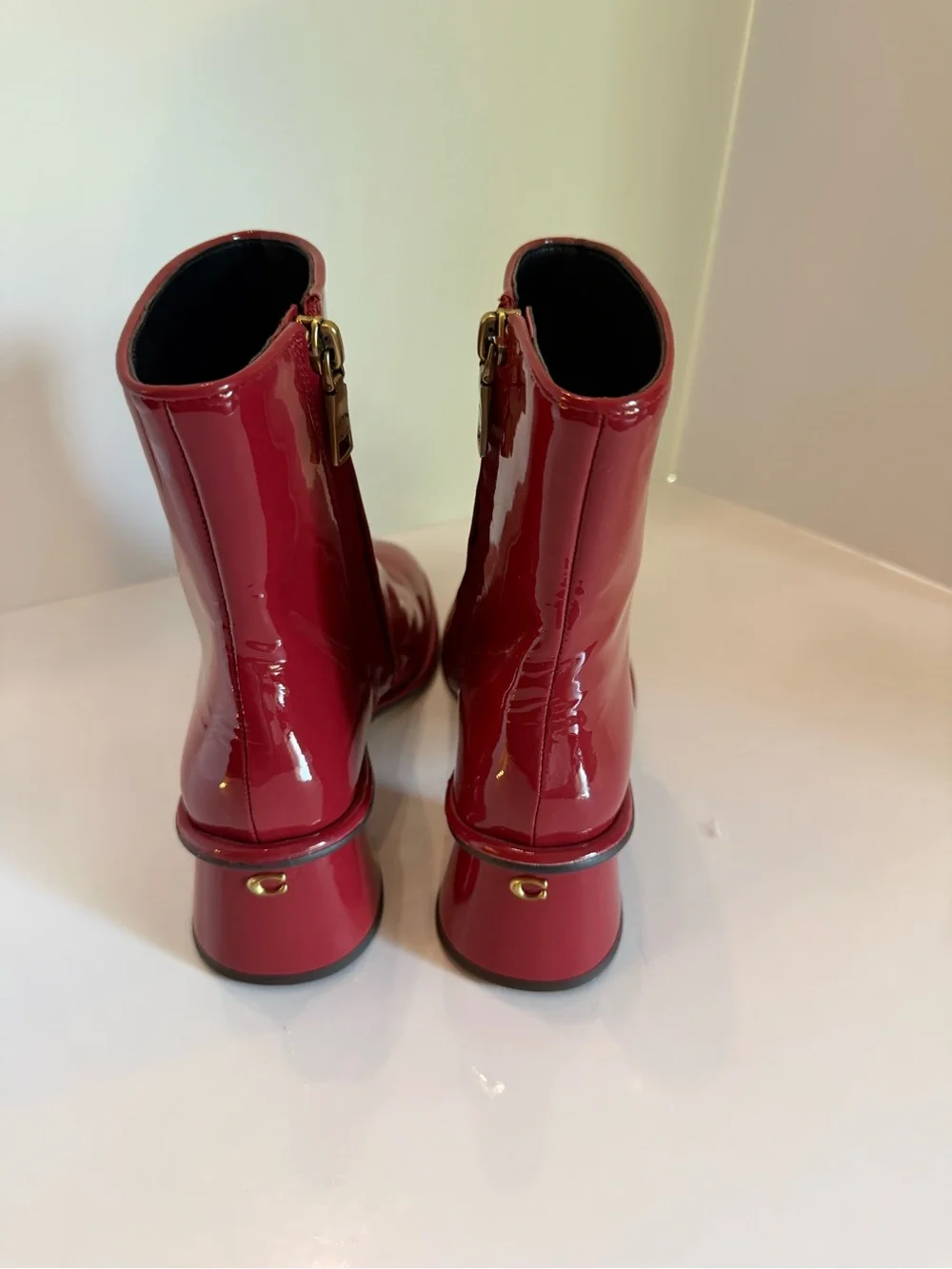 Coach Red Patent Leather Block Heel Boots